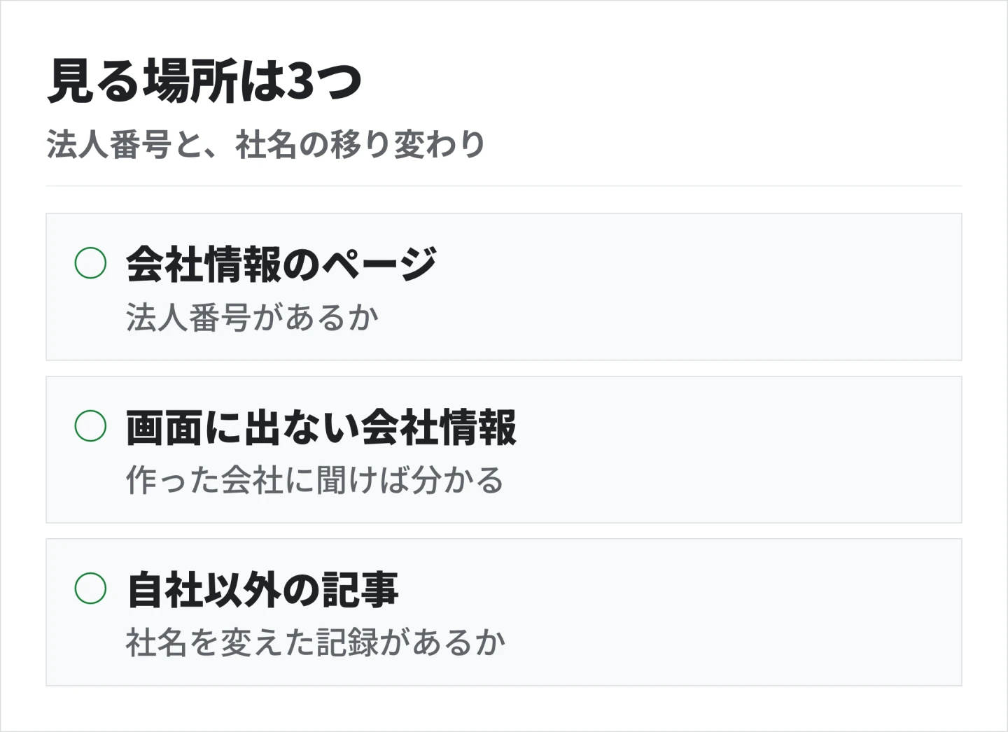 法人番号は会社情報のページと画面に出ない会社情報にあるかを見て、社名を変えたなら自社以外のページに変更の記事が残っているかも見る