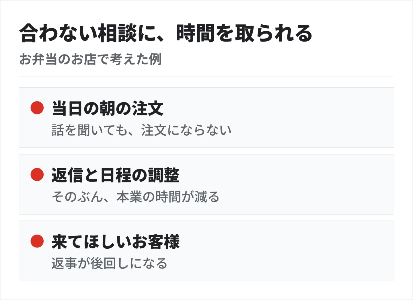 合わない相手からの問い合わせが続くと、返信や日程の調整に時間を取られ、本当に来てほしいお客様への返事が後回しになる