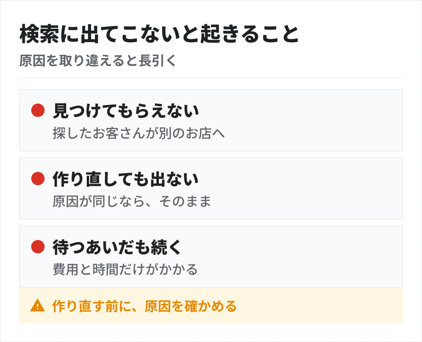 ホームページが検索に出てこないと、探してくれたお客さんに見つけてもらえない。原因を取り違えて作り直すと、費用と時間をかけても出てこないままになる
