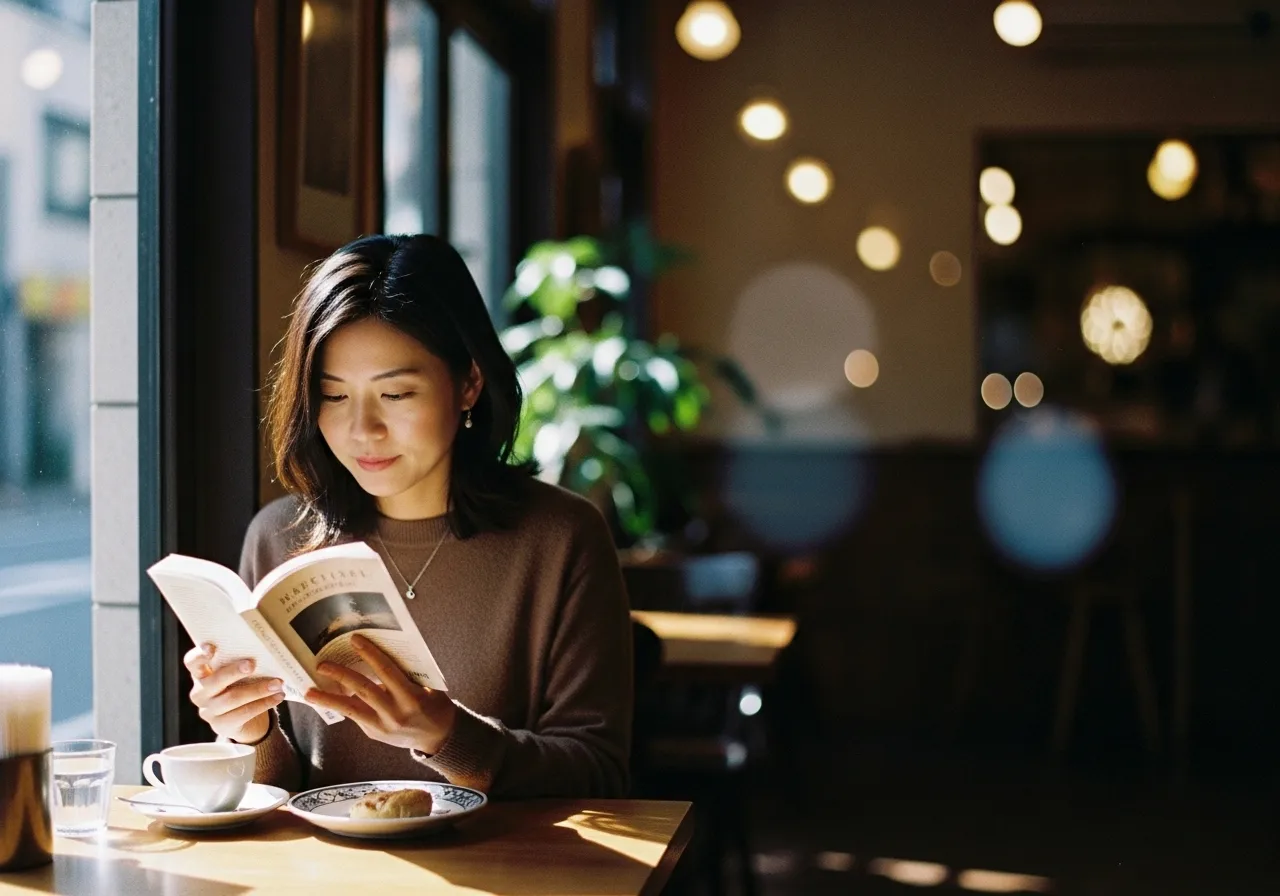 カフェで本を読む人
